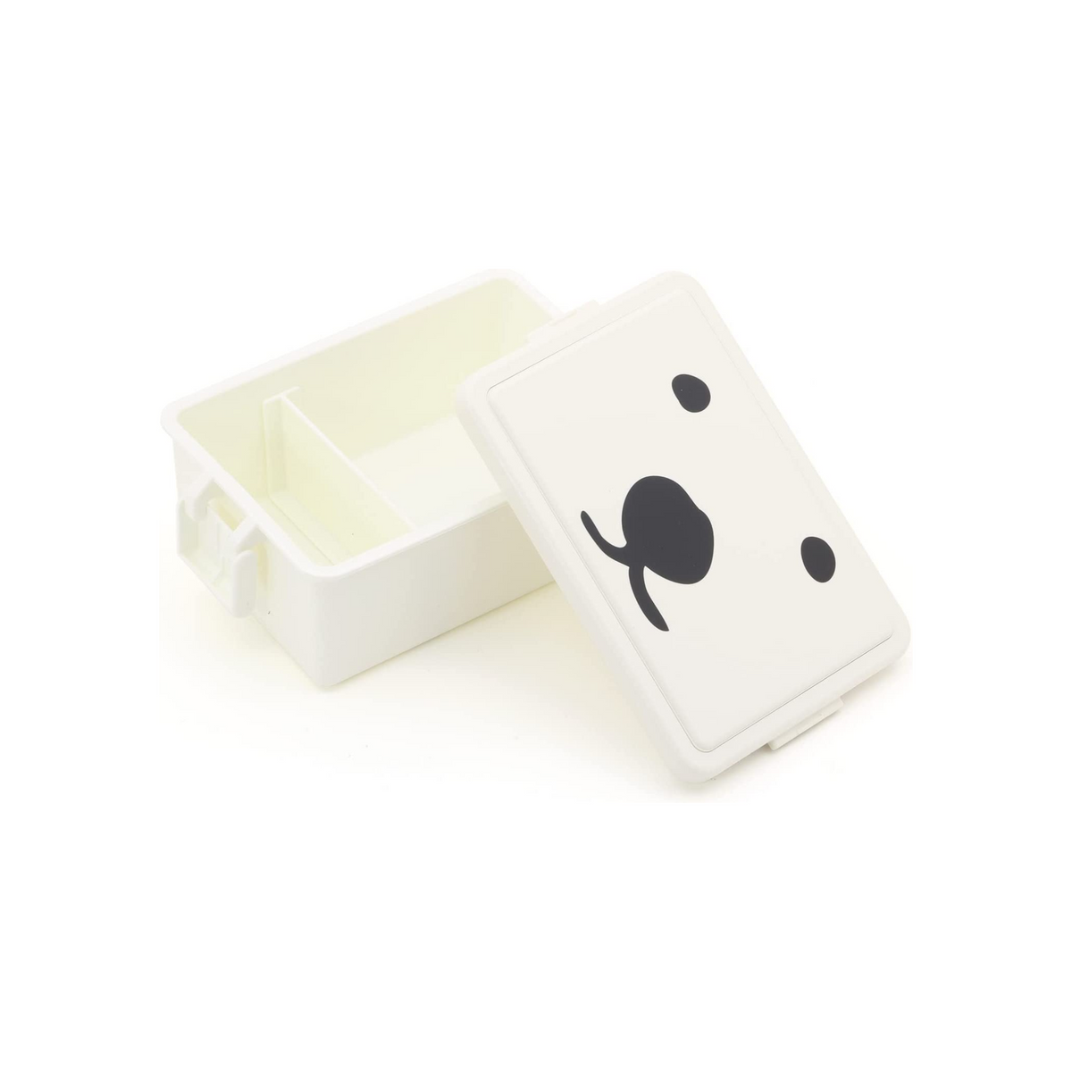 Gel-Cooma Bento Box Medium 400ml open on white background – white rectangular container with the bear-face lid leaning against it, showing the plain white interior with no dividers

