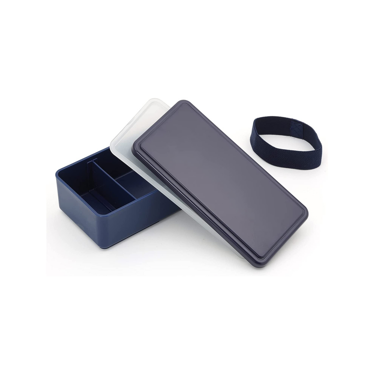 Gel-Cool Two-Tier Bento Box 1000ml in light grey, fully disassembled on white background – two open rectangular containers each with a built-in divider, two light grey lids leaning against them, and the beige elastic band placed separately
