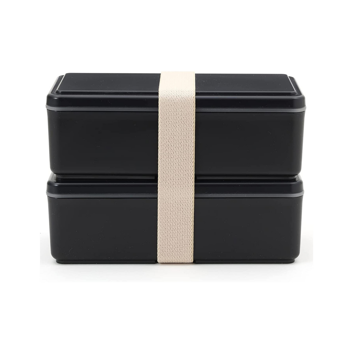Gel-Cool Two-Tier Bento Box 1000ml in black, closed with beige elastic band, viewed straight from the front on white background