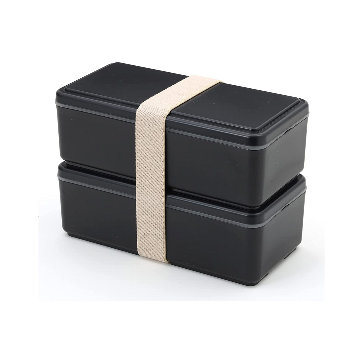 Gel-Cool Two-Tier Bento Box 1000ml in black, closed with beige elastic band, single product shot at an angle on white background