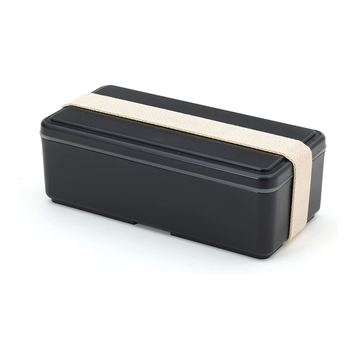 Gel-Cool Two-Tier Bento Box 1000ml in black, closed with beige elastic band, viewed from the side showing the two-tier stacked profile on white background