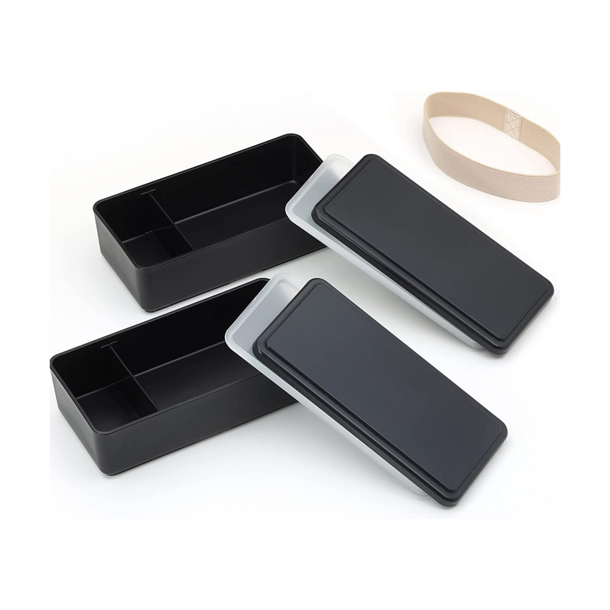 Gel-Cool Two-Tier Bento Box 1000ml in black, fully disassembled on white background – two open rectangular containers each with a built-in divider, two black lids leaning against them, and the beige elastic band placed separately