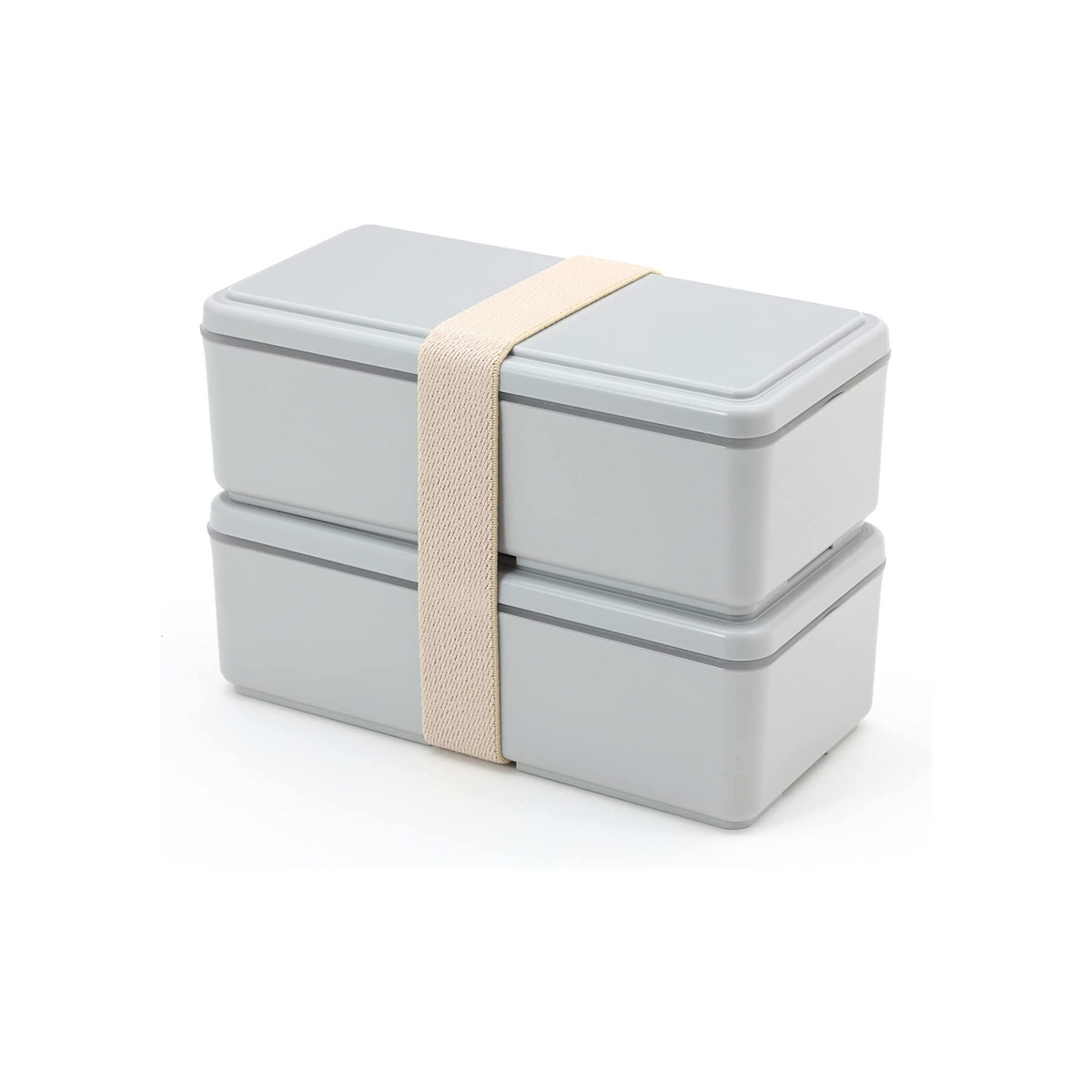 Gel-Cool Two-Tier Bento Box 1000ml in light grey, closed with beige elastic band, single product shot at an angle on white background
