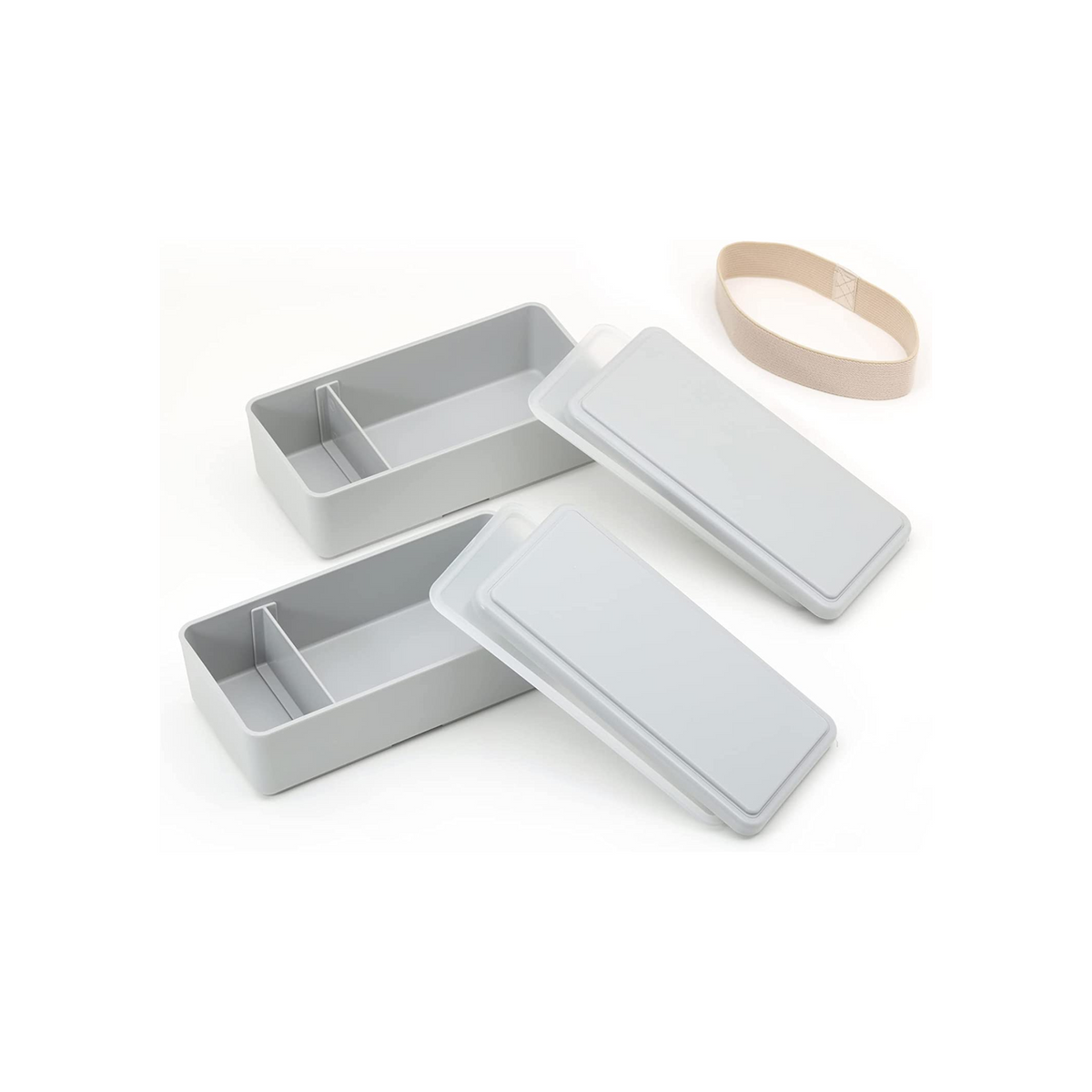 Gel-Cool Two-Tier Bento Box 1000ml in light grey, closed with beige elastic band, viewed straight from the front on white background