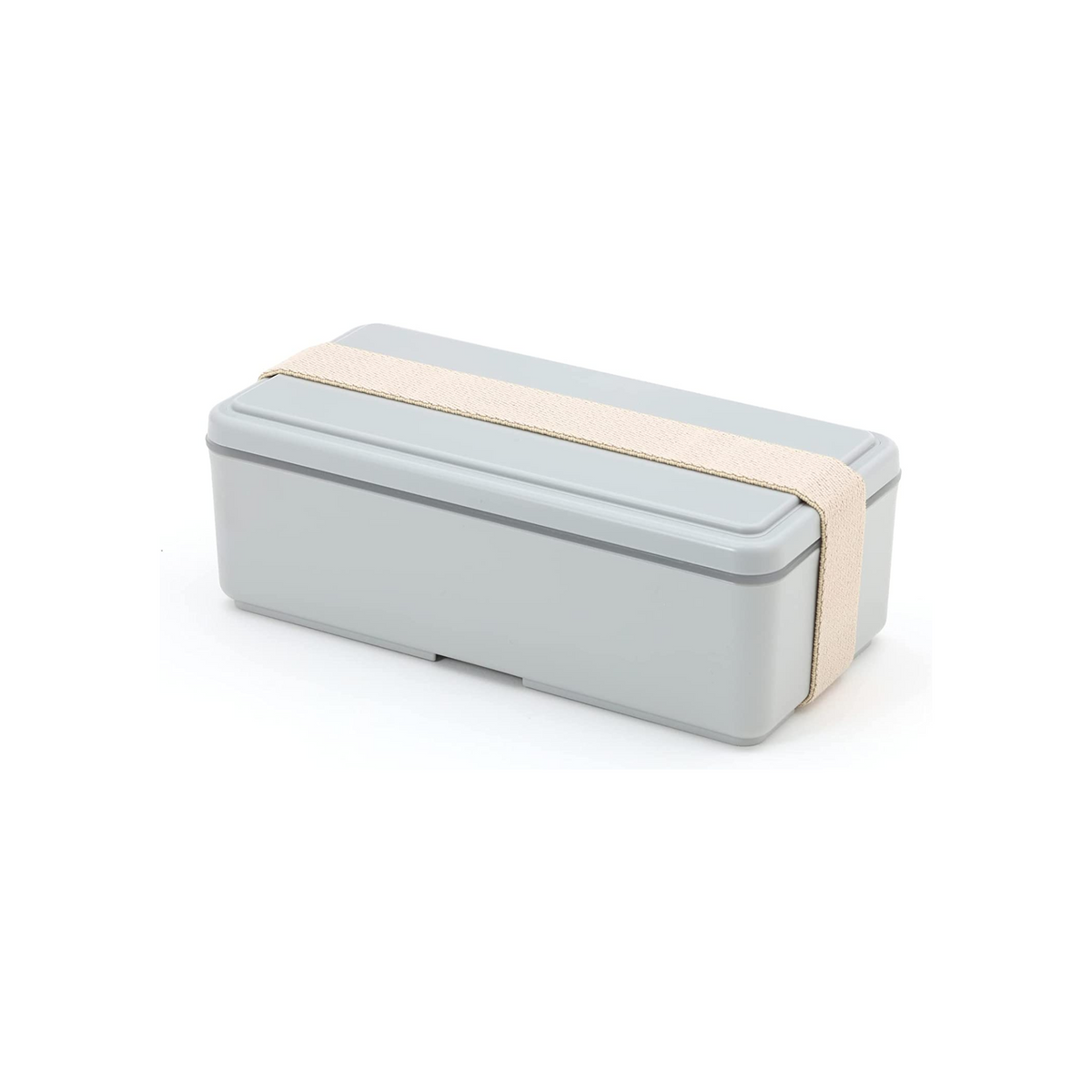Gel-Cool Two-Tier Bento Box 1000ml in light grey, closed with beige elastic band, viewed from the side showing the two-tier stacked profile on white background