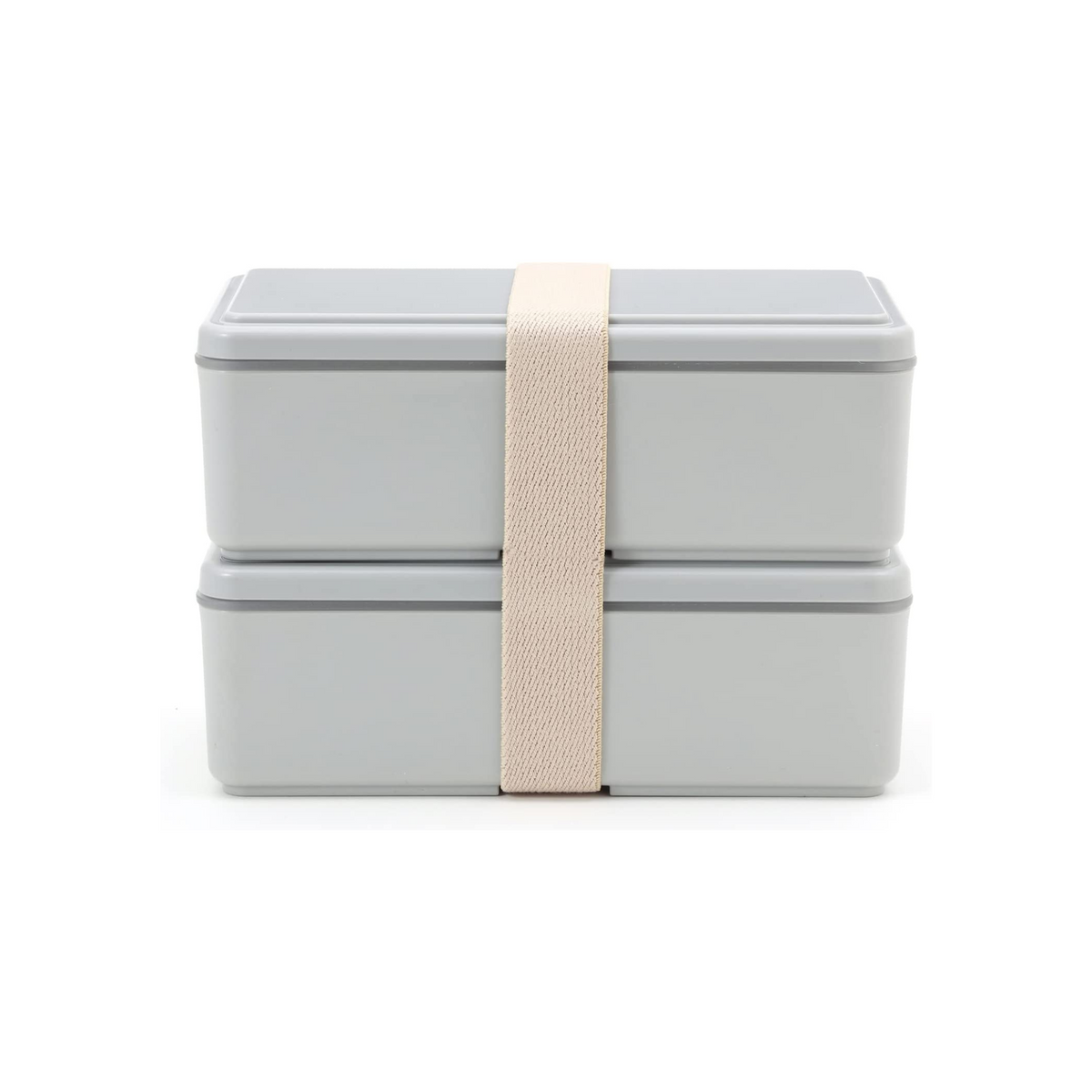 Gel-Cool Two-Tier Bento Box 1000ml in light grey, fully disassembled on white background – two open rectangular containers each with a built-in divider, two light grey lids leaning against them, and the beige elastic band placed separately