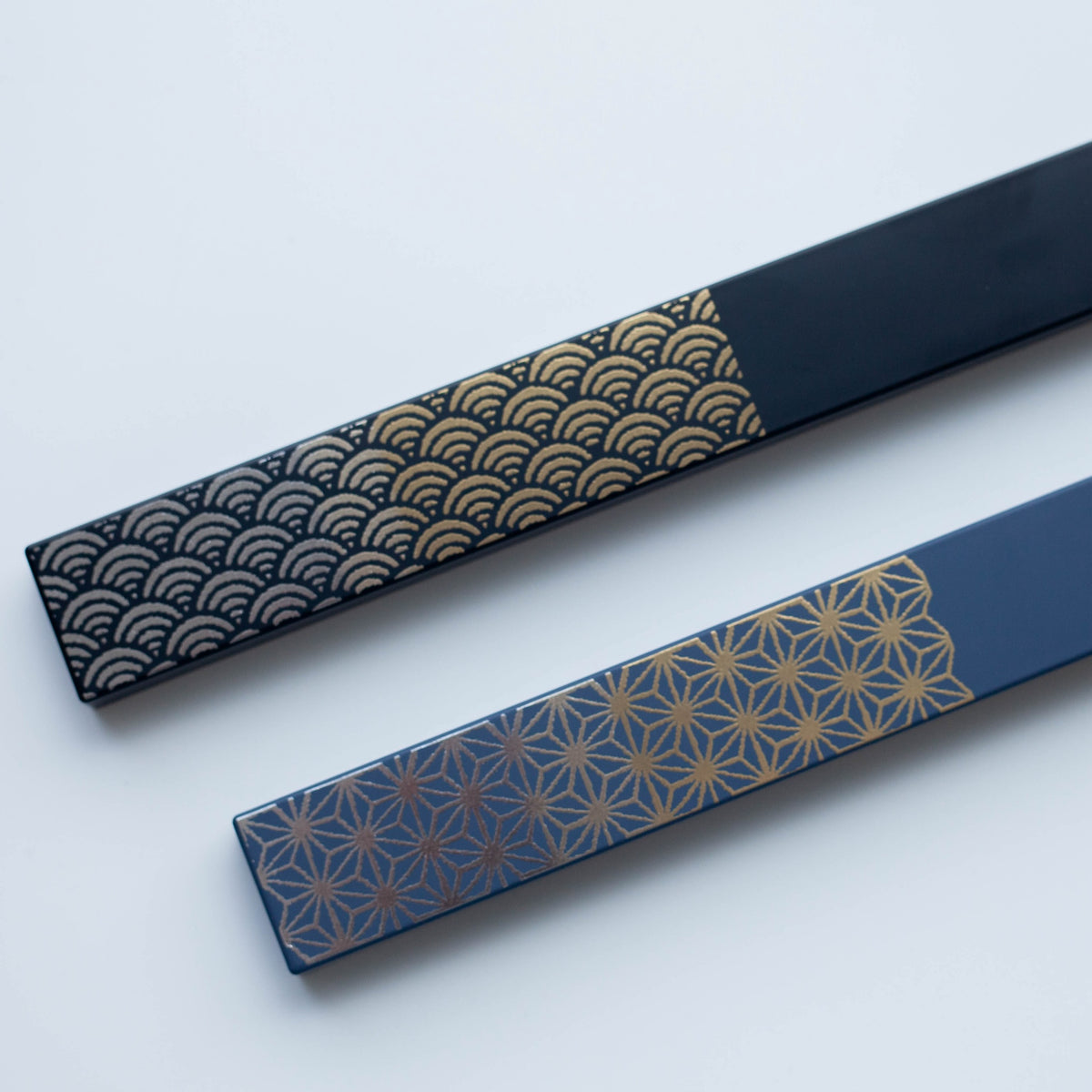 Asanoha Chopsticks Set with slate blue slide-style case and gold hemp leaf pattern