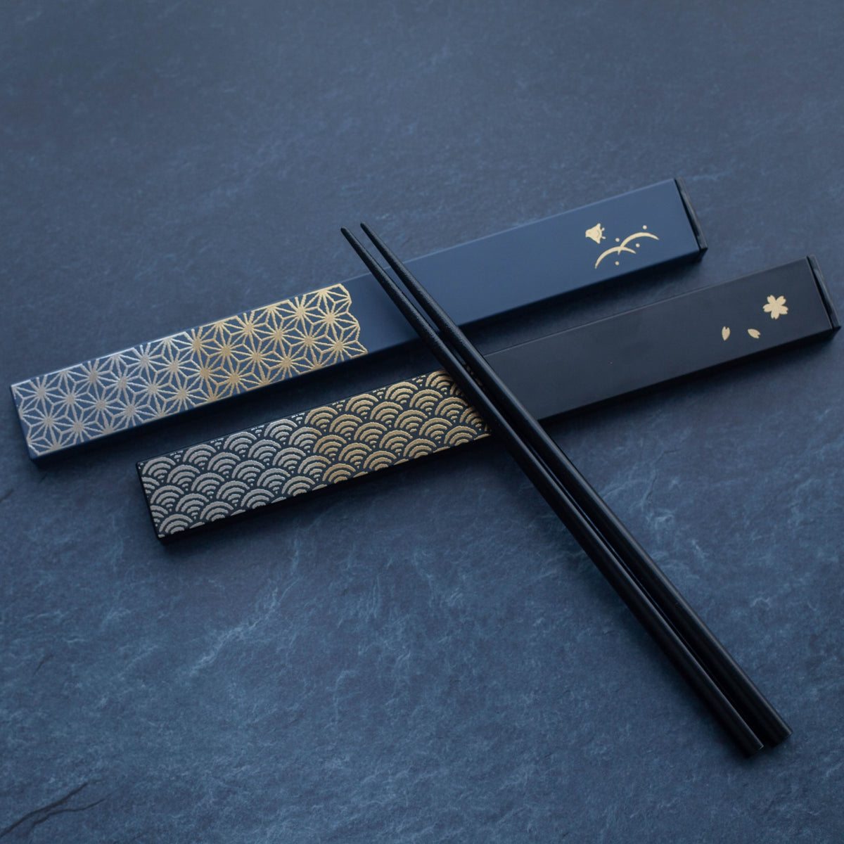 Asanoha Chopsticks Set with slate blue slide-style case and gold hemp leaf pattern