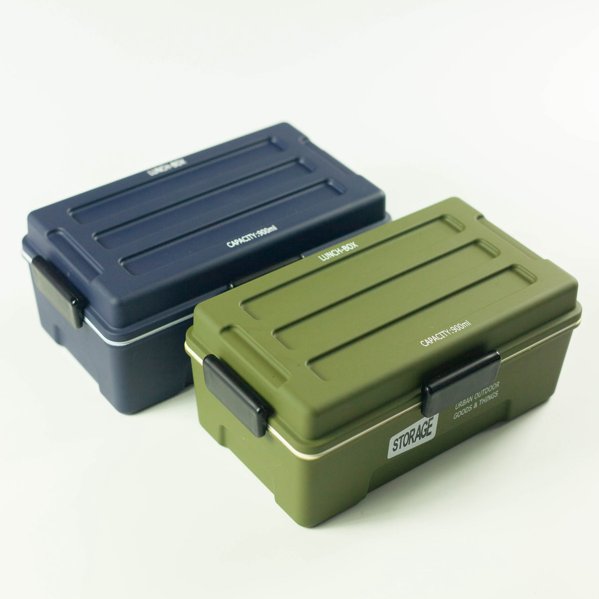Storage Bento Box – rugged military-style Japanese lunch box with locking clips in navy blue and olive green, 900ml capacity, made in Japan