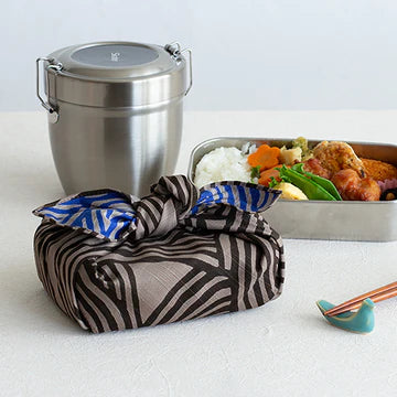 Isa Monyo Reversible Furoshiki 48cm Knot Gray Blue – double-sided Japanese wrapping cloth showing gray and black knot pattern on one side and blue knot pattern on the other, 100% cotton, made in Japan