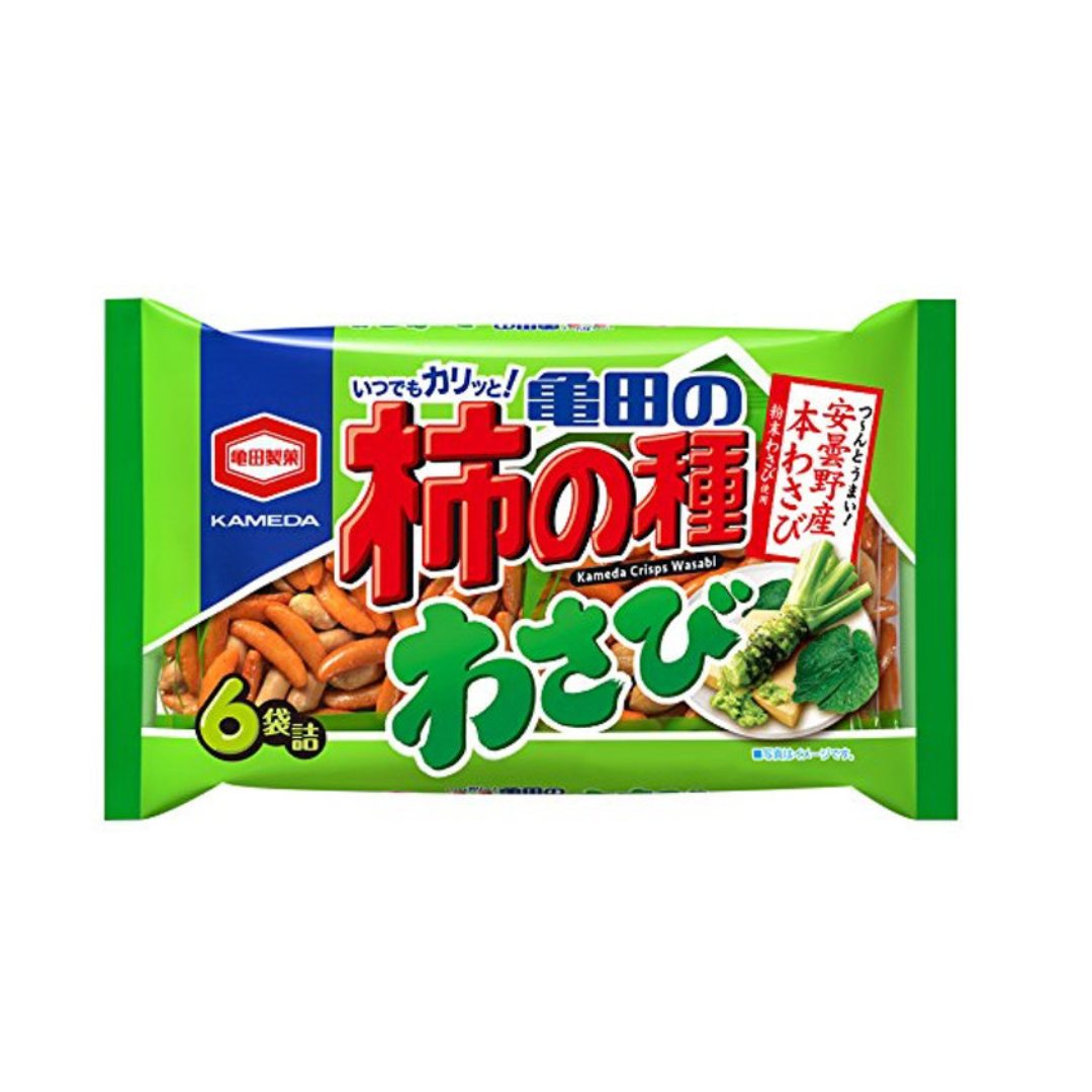 Kameda Kaki-pi wasabi flavor, soy sauce rice crackers and peanuts, 6 individual packets, made in Japan