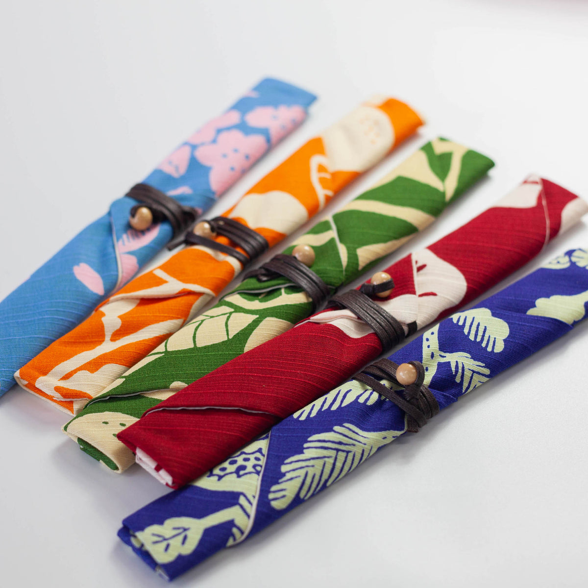 Furoshiki cloth chopstick case in colorful Japanese floral patterns