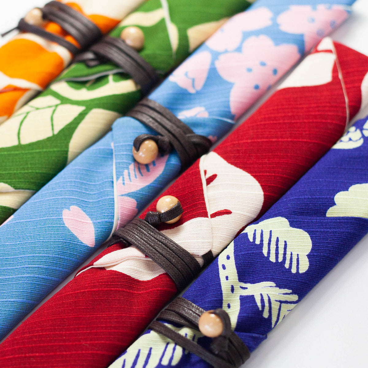 Furoshiki cloth chopstick case in colorful Japanese floral patterns