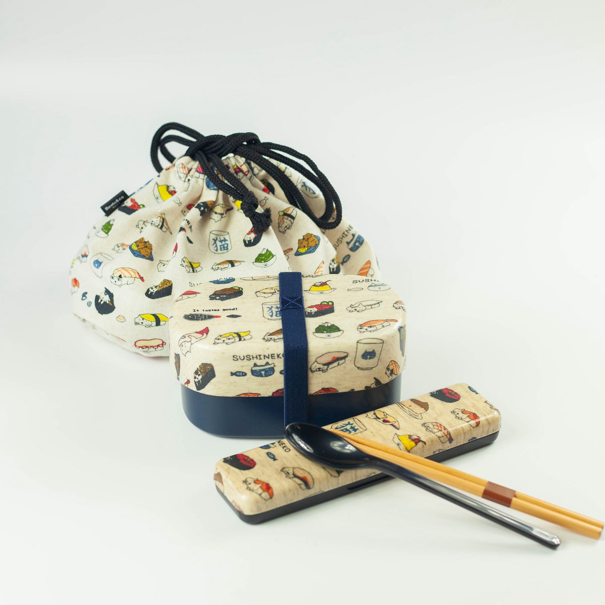 Sushi Neko Bento Bundle with a 570ml lunch box and cat-themed accessories