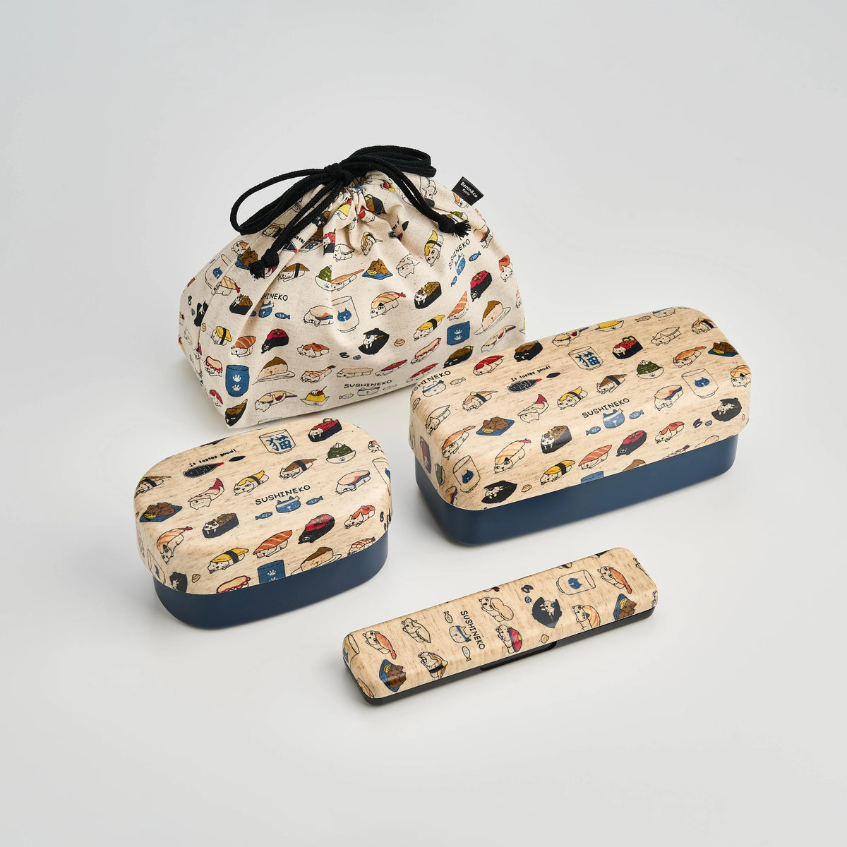 Sushi Neko 570ml and 950ml bento bundle with a playful cat and sushi design