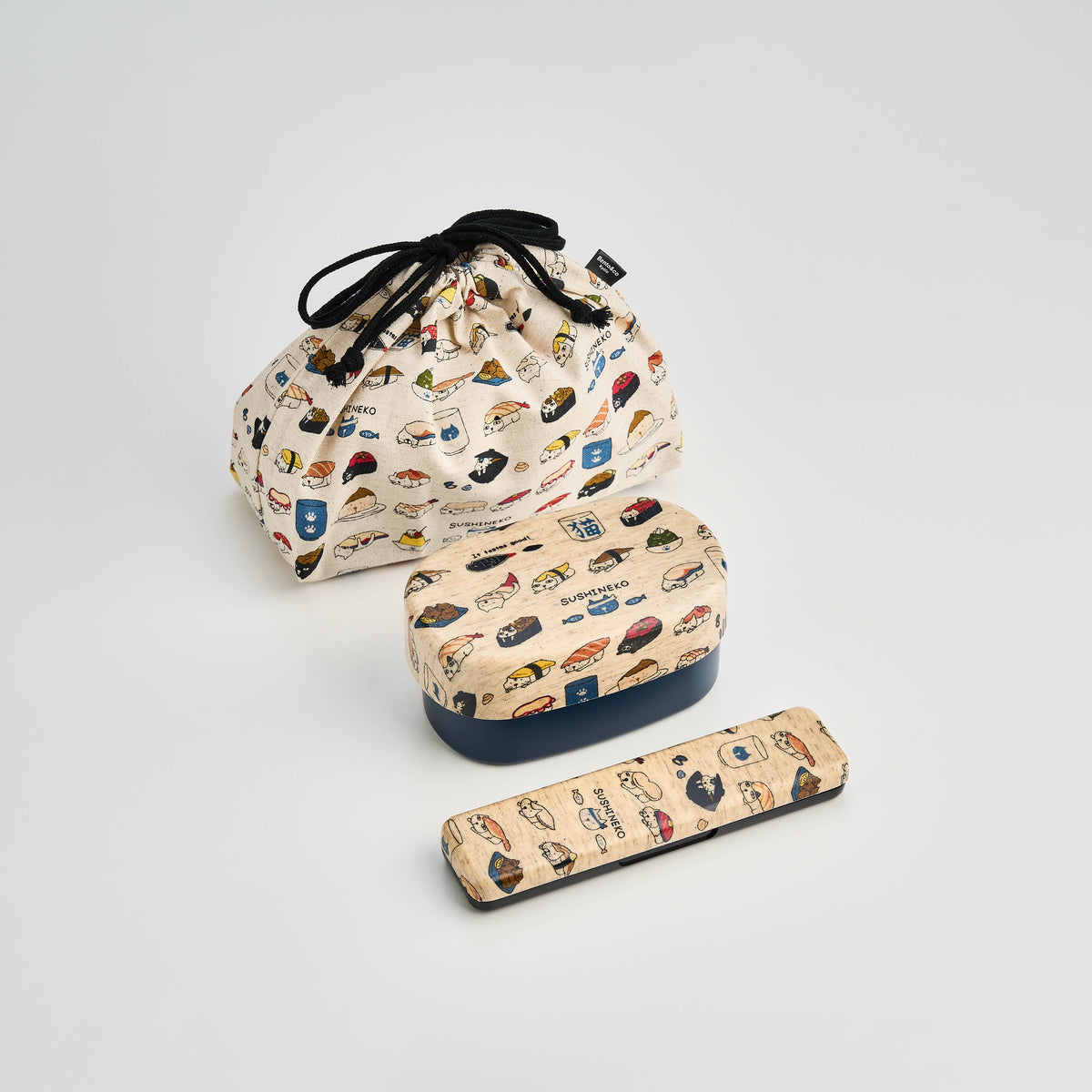 Sushi Neko Bento Bundle with a 570ml lunch box and cat-themed accessories