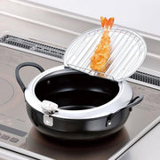 Japanese iron tempura fry pot 20cm with lid and thermometer, made in Tsubame Sanjo, Japan