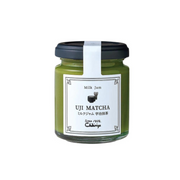 Chikiriya Uji Matcha Milk Jam 110g – glass jar filled with vivid green matcha jam, black lid, and white label reading "Milk Jam Uji Matcha" in English and Japanese, on white background