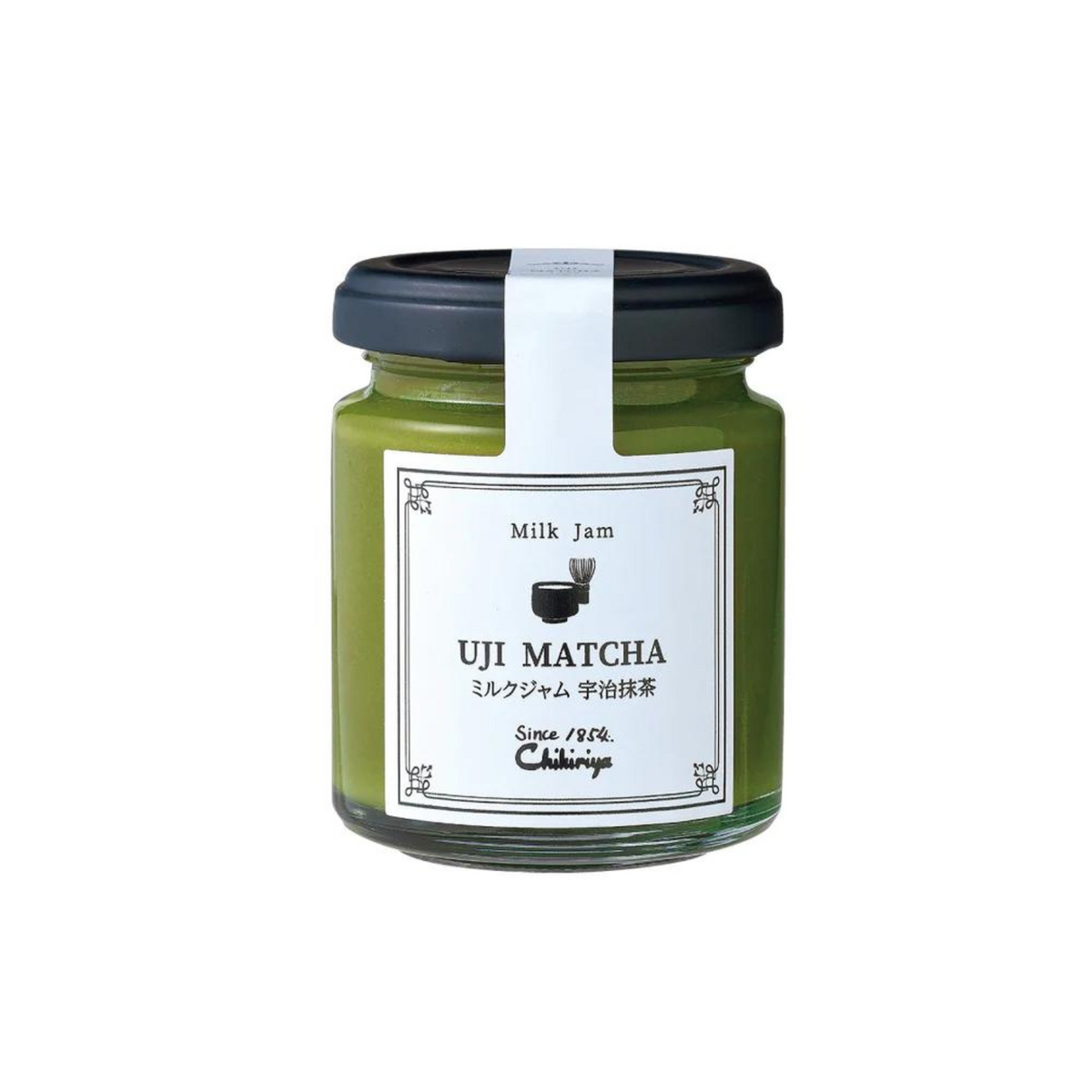 Chikiriya Uji Matcha Milk Jam 110g – glass jar filled with vivid green matcha jam, black lid, and white label reading "Milk Jam Uji Matcha" in English and Japanese, on white background