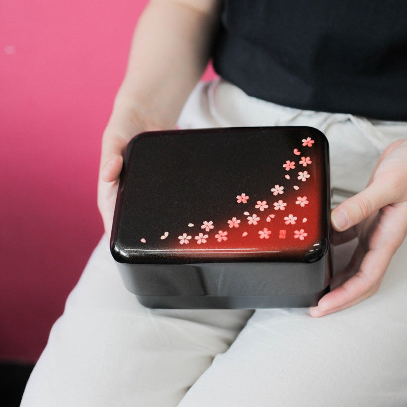 Bento&co sakura petals big bento box 1300mL, two-tier red and black, hand painted in Ishikawa Japan