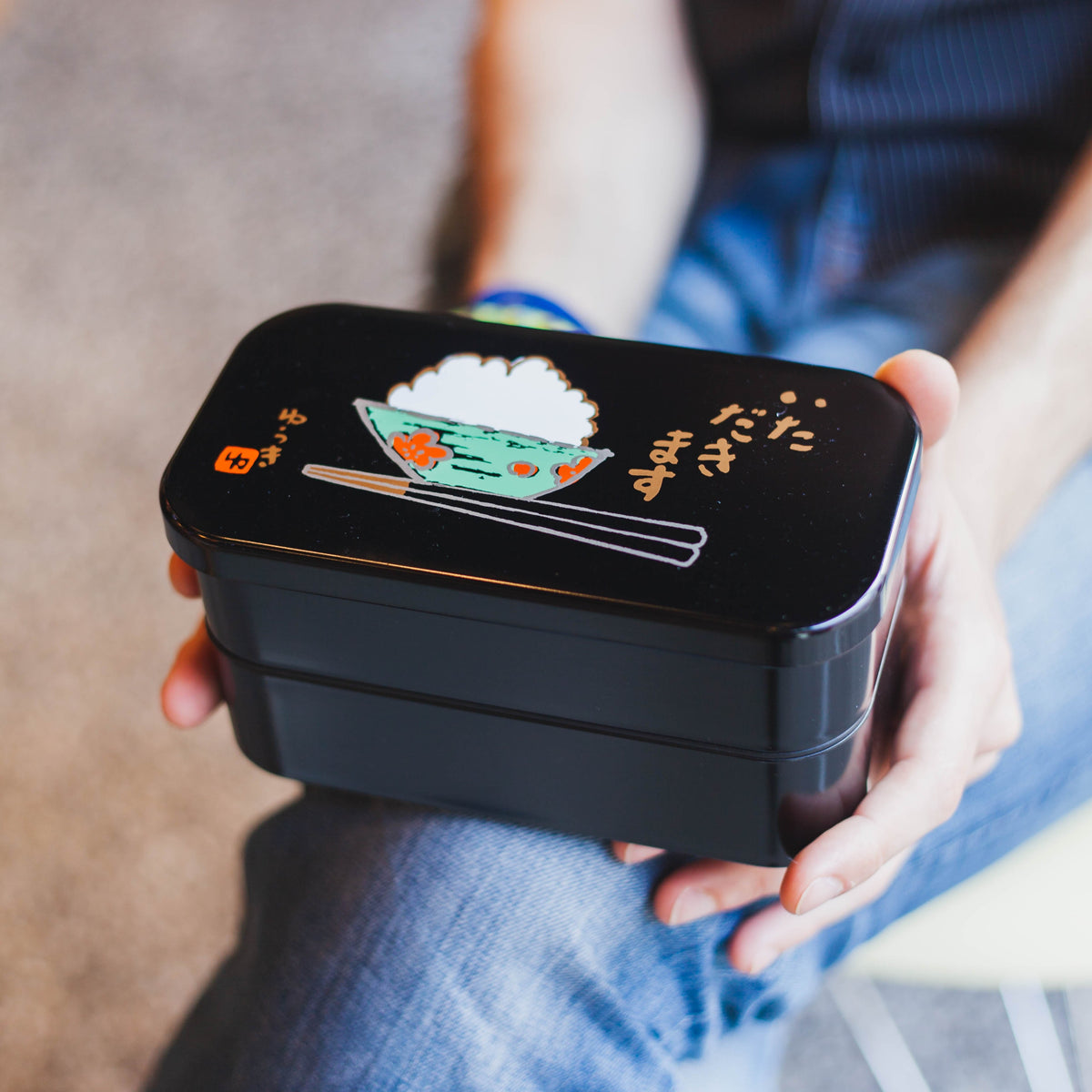 Itadakimasu two-tier bento box with rice bowl and chopsticks illustration