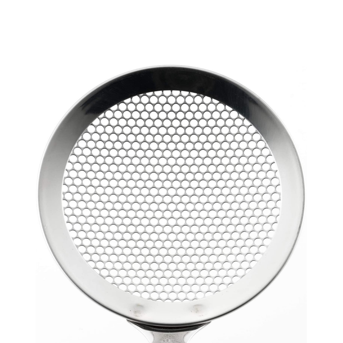 Close-up front view of Perforated Oil Skimmer showing fine honeycomb mesh pattern and stainless steel rim on white background