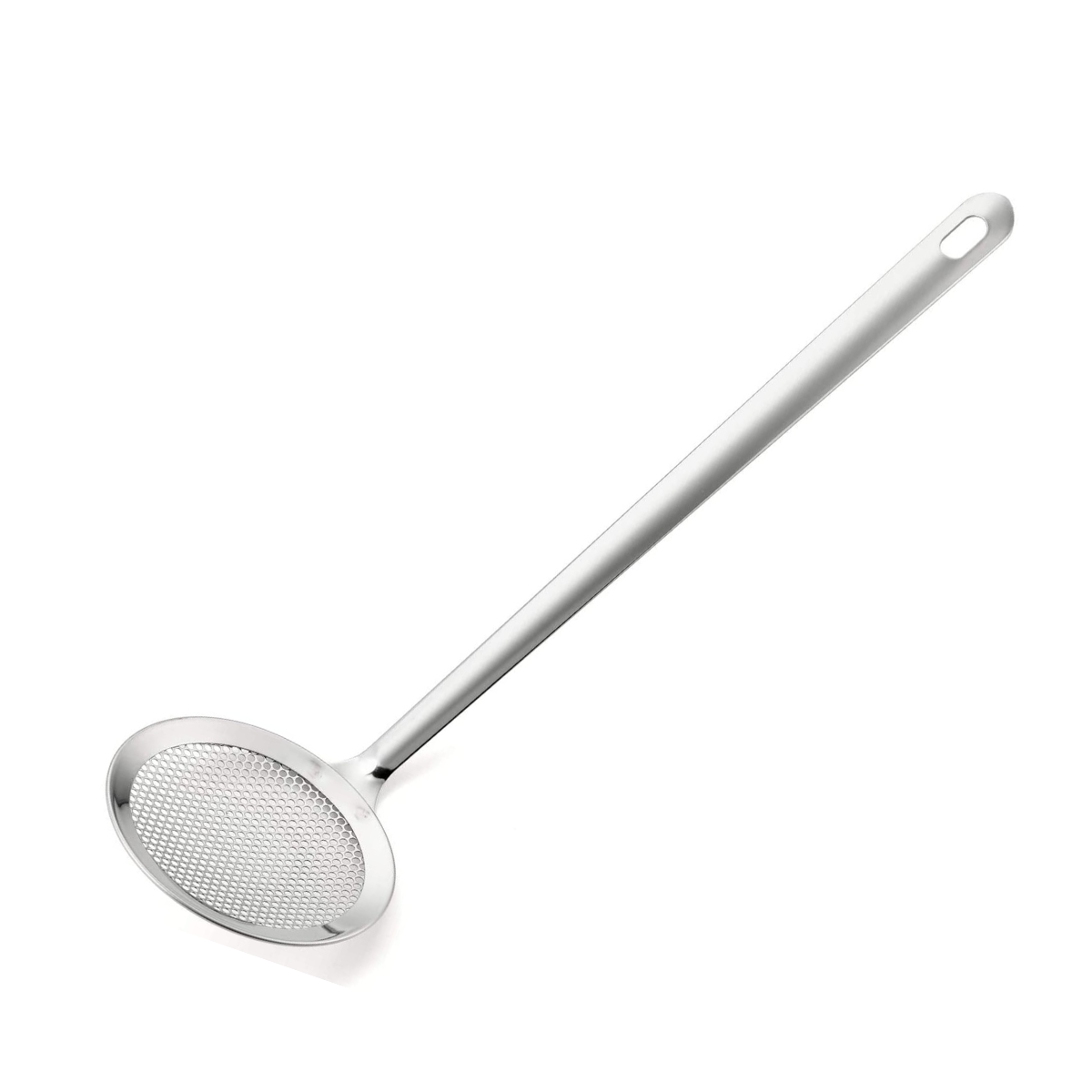 Perforated Oil Skimmer – stainless steel round mesh skimmer with long handle and hanging hole, diagonal view on white background