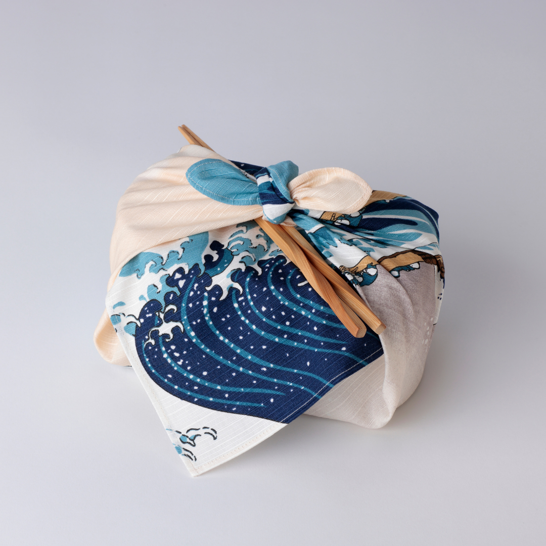 Sumidagawa Furoshiki 48cm The Great Wave – Japanese wrapping cloth featuring Hokusai's iconic "The Great Wave off Kanagawa" woodblock print with Mount Fuji in the background, made in Japan