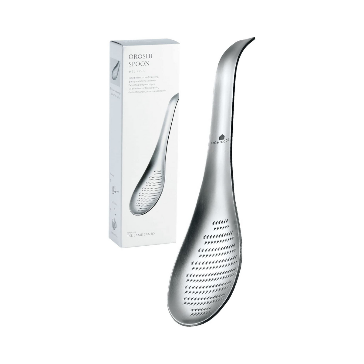 Uchicook Oroshi Grater Spoon by Tsubame Sanjo with packaging – stainless steel spoon-shaped grater
