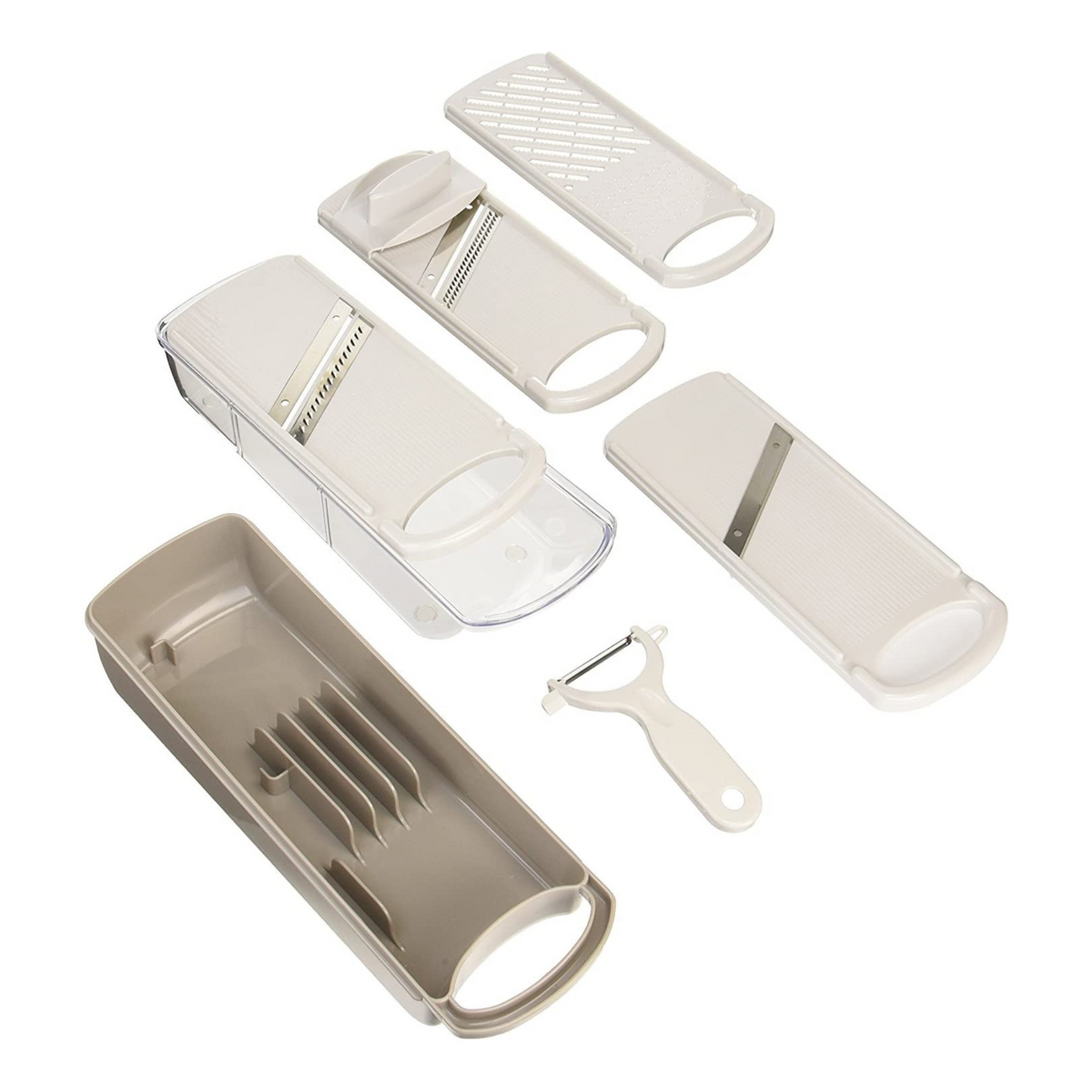 Mandoline Slicer Set with 4 interchangeable blades, peeler, and storage tray