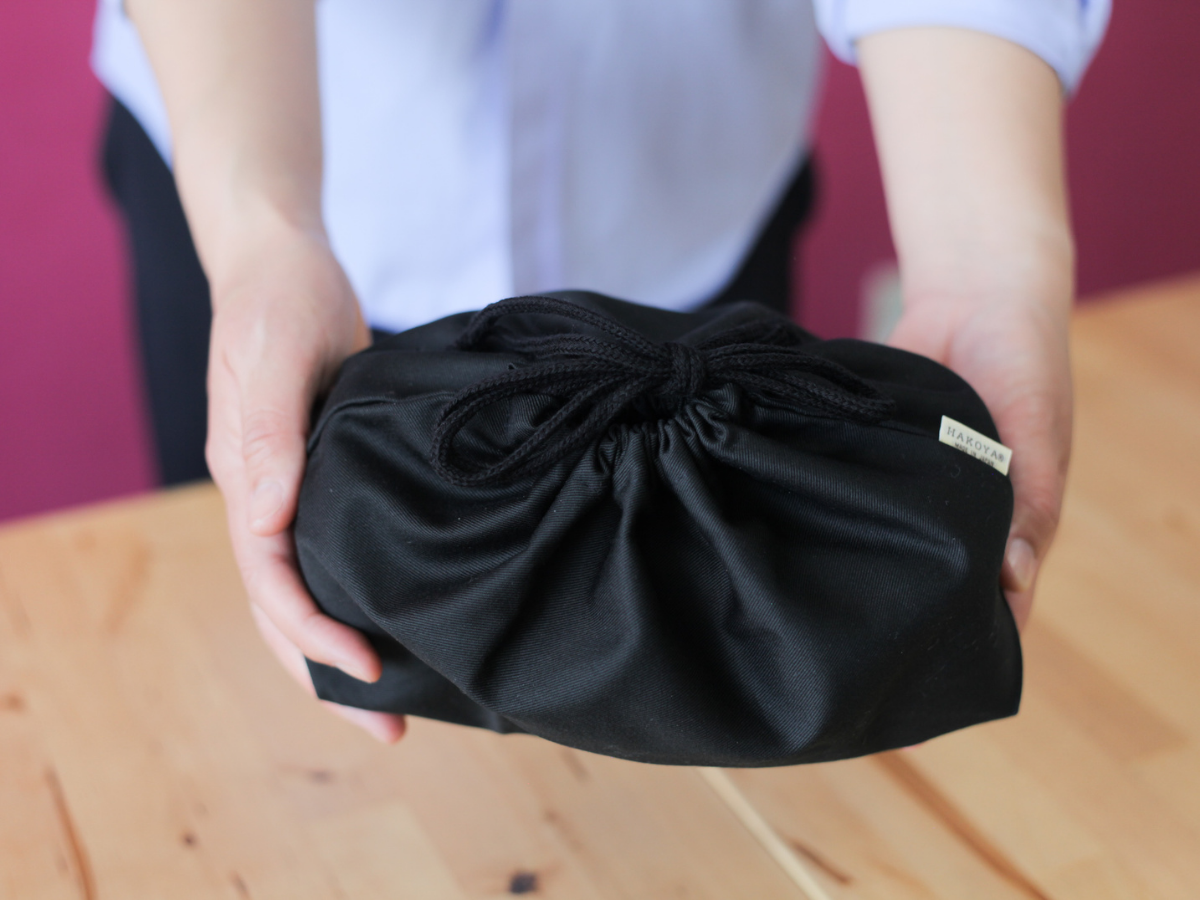 Black Drawstring Lunch Bag, cotton bento bag for lunch boxes up to 1300 ml