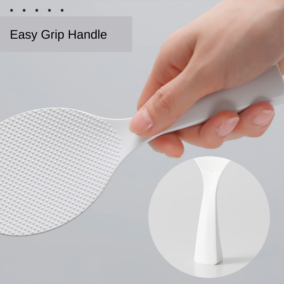 Marna Standing Rice Paddle held in hand showing easy grip handle, with inset showing self-standing base