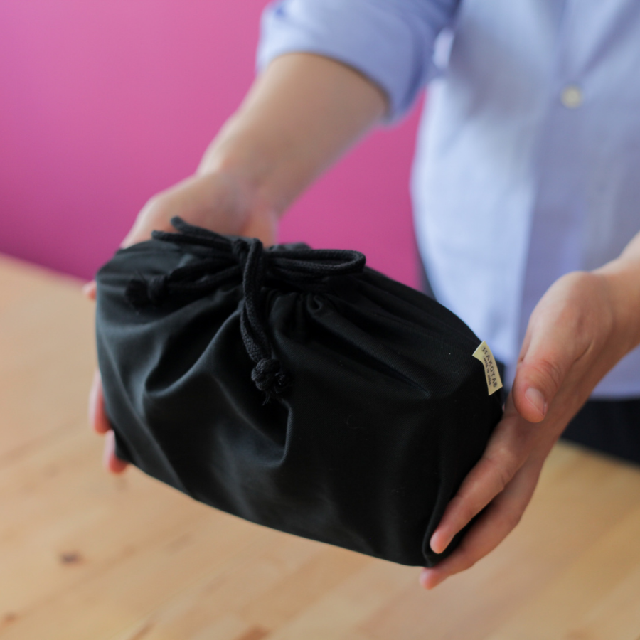 Black Drawstring Lunch Bag, cotton bento bag for lunch boxes up to 1300 ml