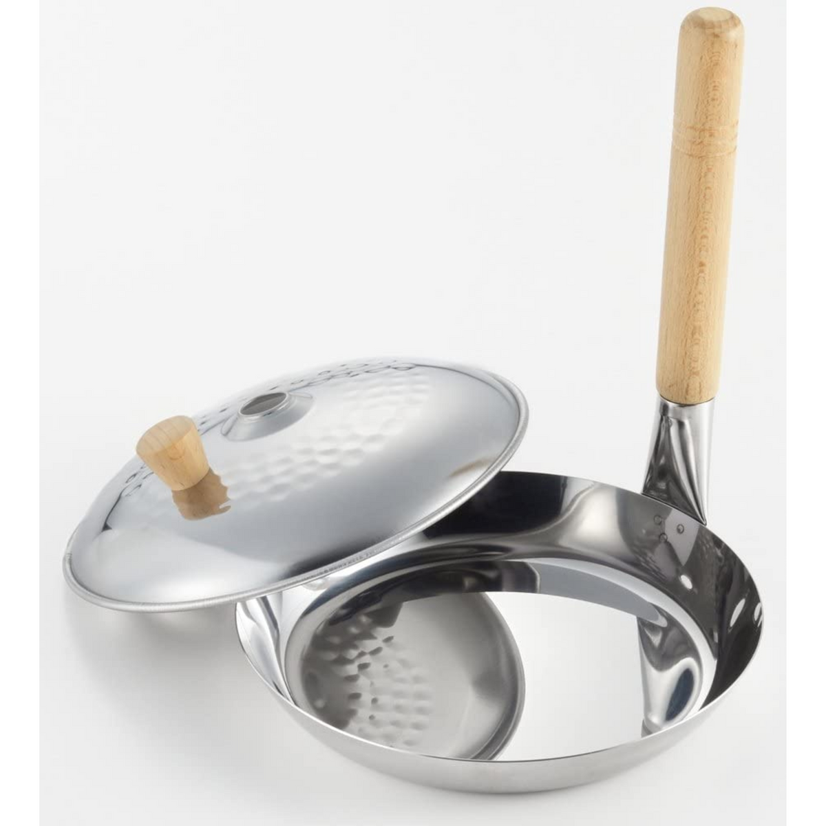 Japanese oyako nabe pan lid 16cm stainless steel with wooden knob, shown with original packaging label