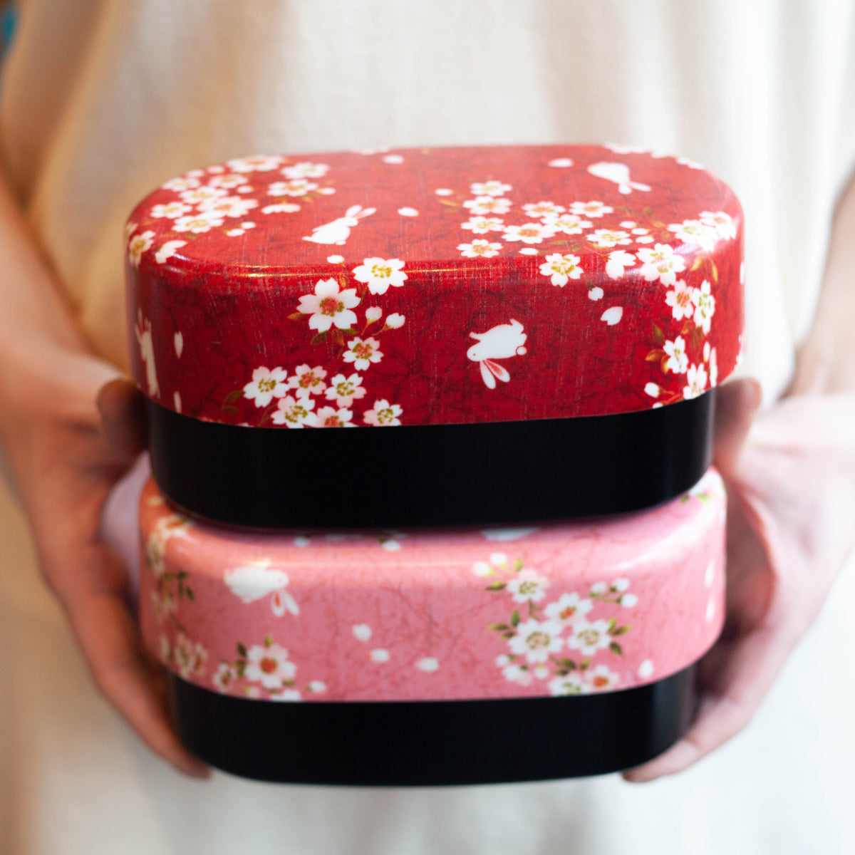 Sakura Usagi Bento Box 830mL in red and pink, featuring cherry blossom and rabbit pattern
