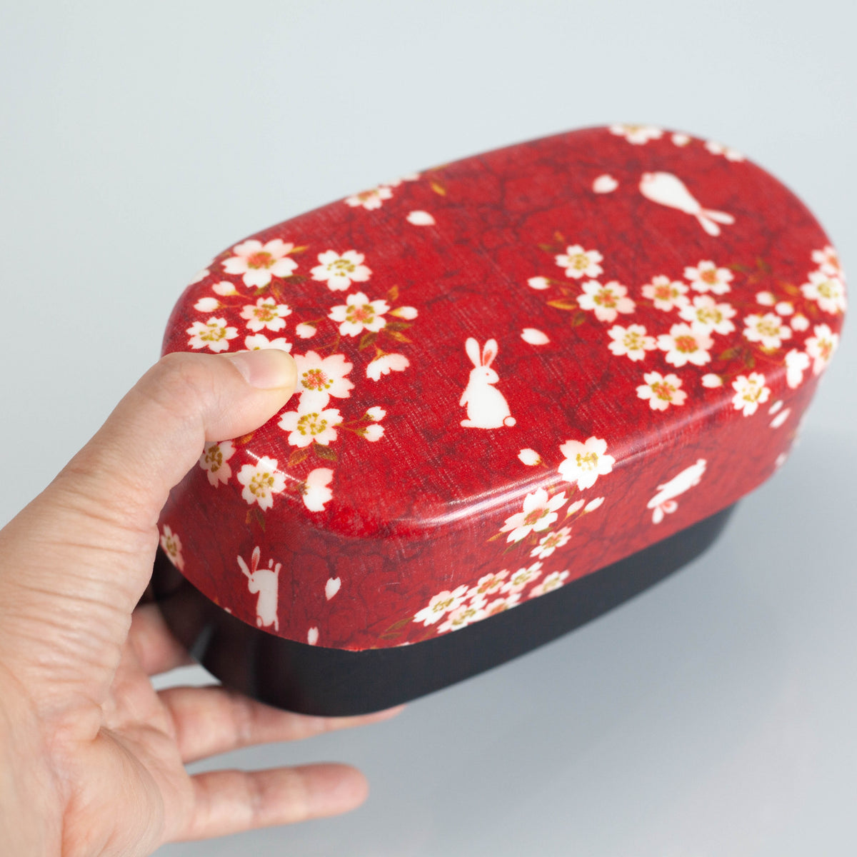 Sakura Usagi Bento Box 830mL in red and pink, featuring cherry blossom and rabbit pattern, size