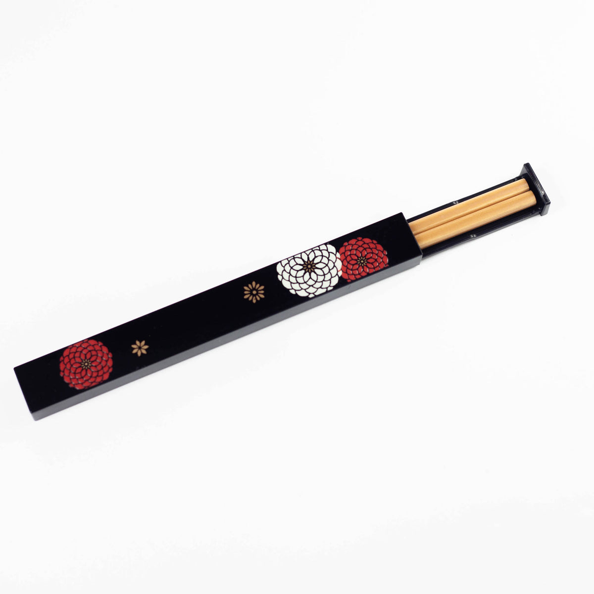 Ojyu Chopsticks Set with wooden chopsticks and slide-style case, available in red and black