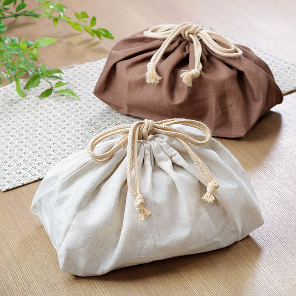 XL drawstring lunch bag in brown - cotton linen bento bag with gusset bottom, made in Japan