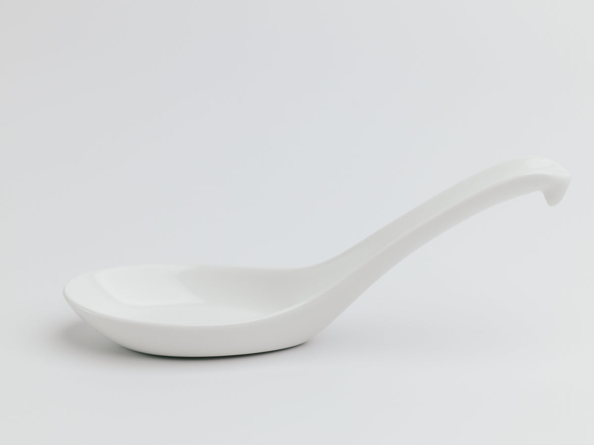 Porcelain Ramen Spoon – front view of deep bowl and curved neck, matte white finish on grey background