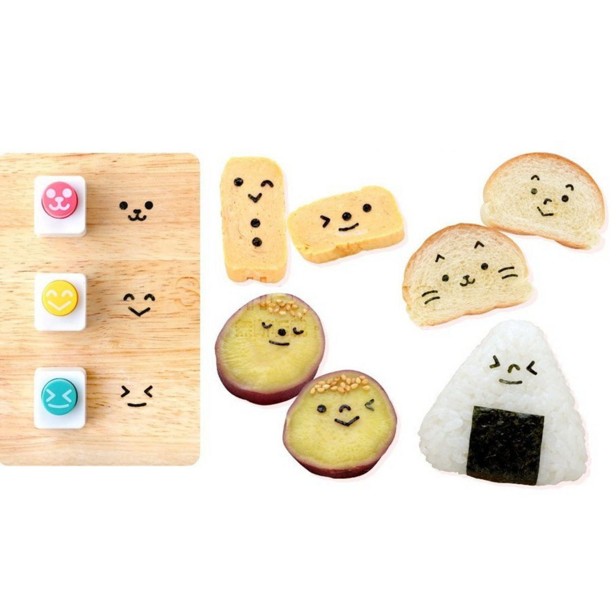 Step-by-step guide for Nico Nico Nori Puncher – pressing puncher onto nori sheet, placing cut nori face onto rice ball, and finished smiling rice ball; tip shown using a toothpick for easy application