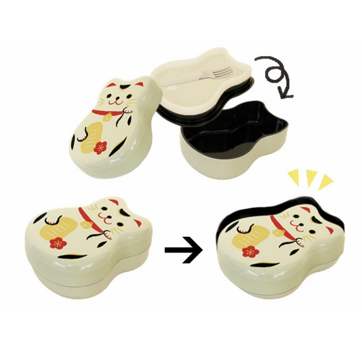 Maruko Neko Bento Box with Japanese beckoning cat design, available in black and white