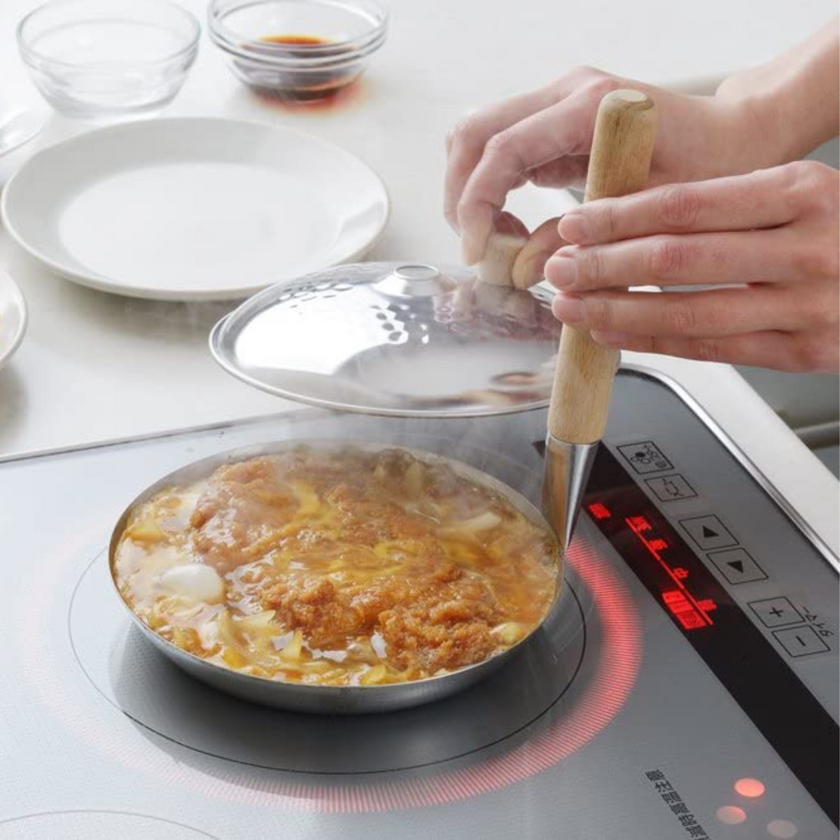 Japanese oyako nabe pan lid 16cm stainless steel with wooden knob, shown with original packaging label