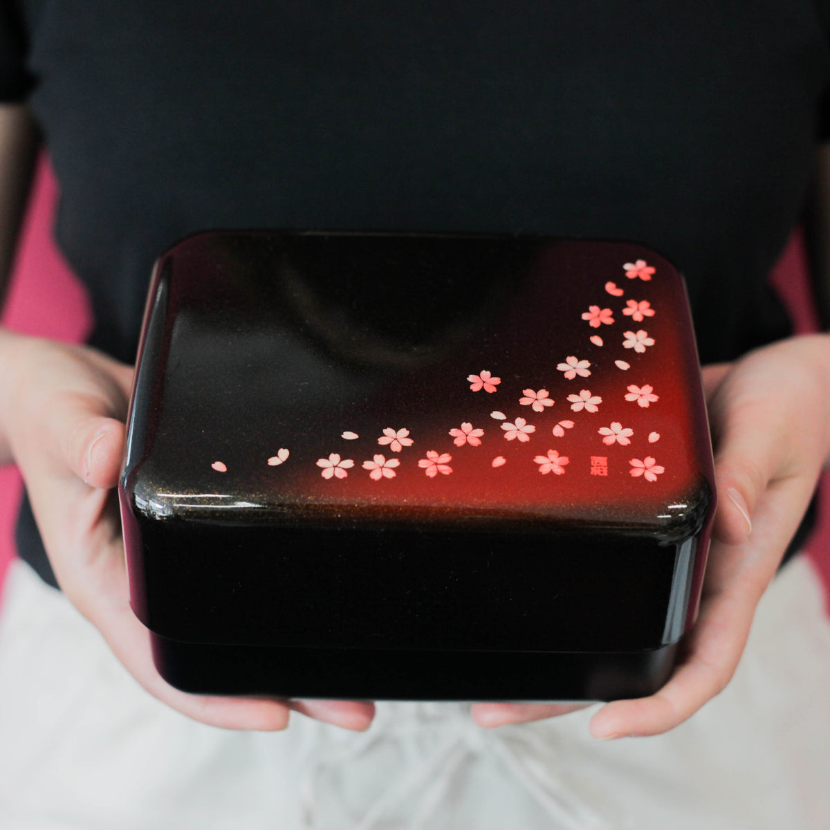 Bento&co sakura petals big bento box 1300mL, two-tier red and black, hand painted in Ishikawa Japan