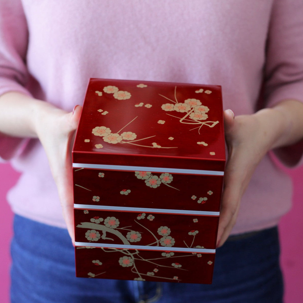 Showa ume red plum three-tier square bento box 2280mL, lacquer-style finish, made in Japan
