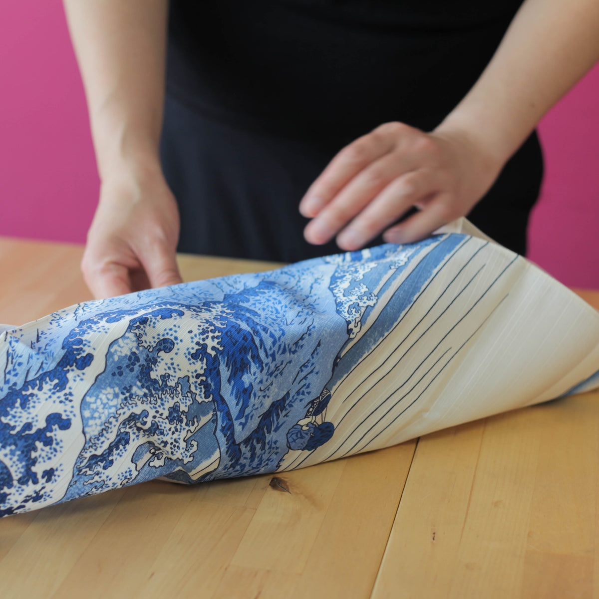 Sumidagawa Furoshiki 48cm Koshu Kajikazawa – Japanese wrapping cloth featuring Hokusai's woodblock print "Kajikazawa in Kai Province" from Thirty-six Views of Mount Fuji, with fishermen on rocks and Mount Fuji in the background, blue and white, made in Japan