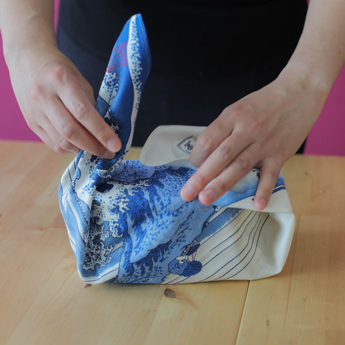 Sumidagawa Furoshiki 48cm Koshu Kajikazawa – Japanese wrapping cloth featuring Hokusai's woodblock print "Kajikazawa in Kai Province" from Thirty-six Views of Mount Fuji, with fishermen on rocks and Mount Fuji in the background, blue and white, made in Japan