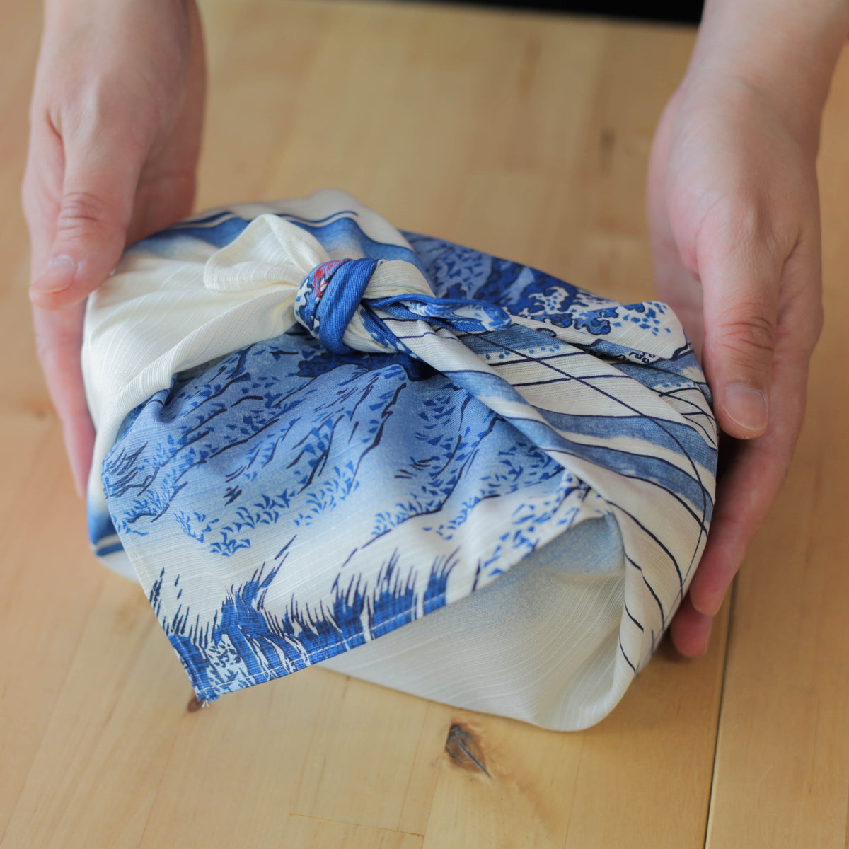 Sumidagawa Furoshiki 48cm Koshu Kajikazawa – Japanese wrapping cloth featuring Hokusai's woodblock print "Kajikazawa in Kai Province" from Thirty-six Views of Mount Fuji, with fishermen on rocks and Mount Fuji in the background, blue and white, made in Japan