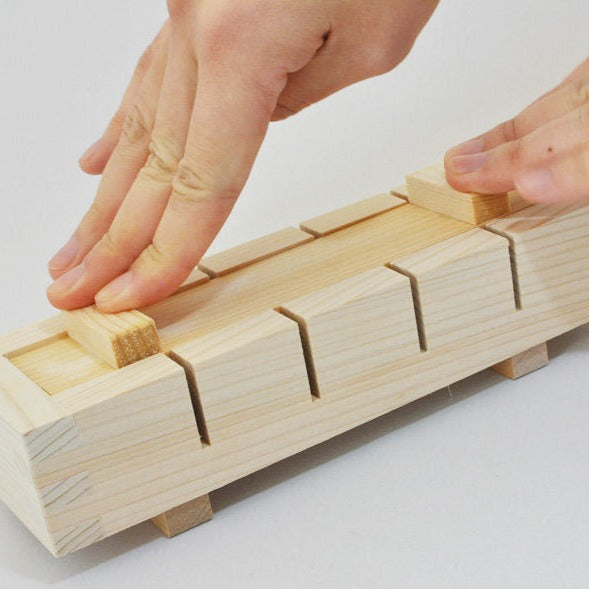 Hinoki Sushi Mold – Japanese cypress wood oshi-zushi press mold with dividers for making perfectly shaped pressed sushi pieces, natural wood finish, made in Japan