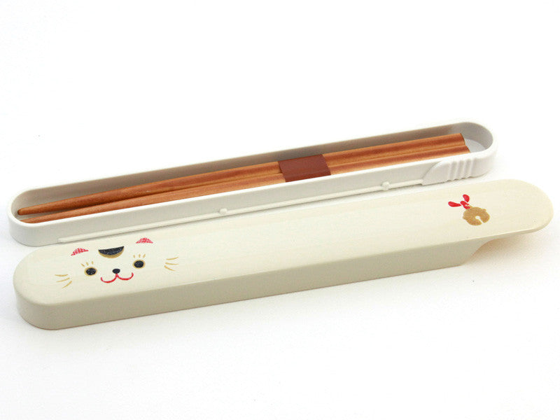 Kao Neko white cat chopsticks set with sliding case - 18cm wooden chopsticks, made in Japan