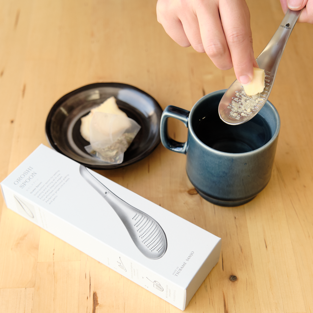 Uchicook Oroshi Grater Spoon by Tsubame Sanjo with packaging – stainless steel spoon-shaped grater